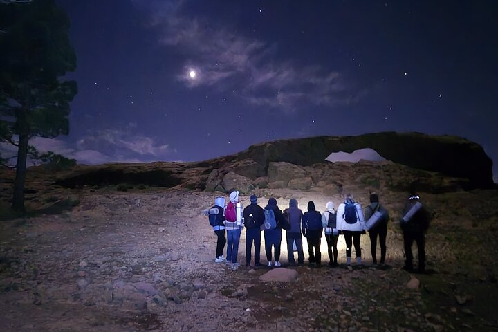 Group of people stargazing on rocky terrain under a moonlit night sky.