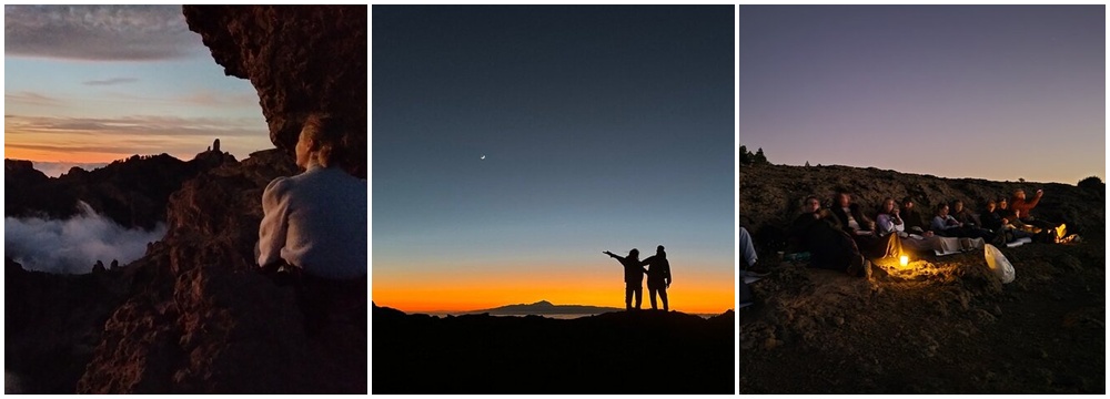 Three photos: person watching sunset, silhouettes against twilight, group by campfire at dusk.