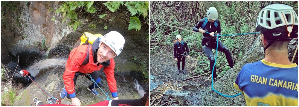 Two images of people canyoning with helmets and ropes in a rocky, forested area.