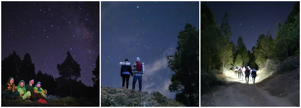 Three images of people stargazing and hiking at night with trees and a starry sky.