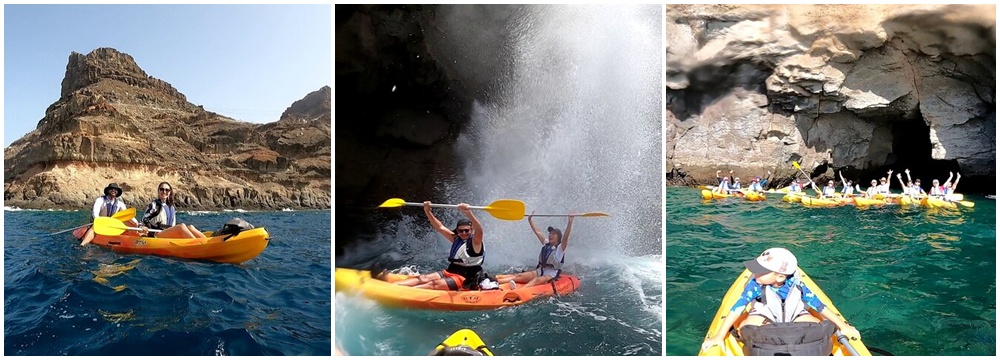 Three images of people kayaking near rocky cliffs and a waterfall.