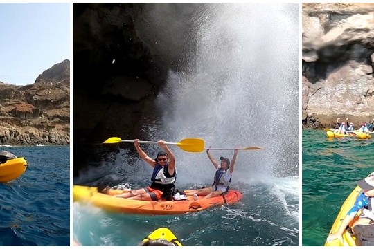Three images of people kayaking near rocky cliffs and a waterfall.