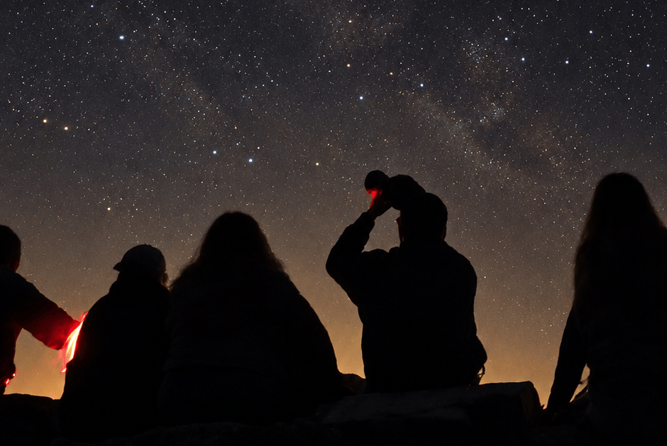 Four people silhouetted against a starry night sky.