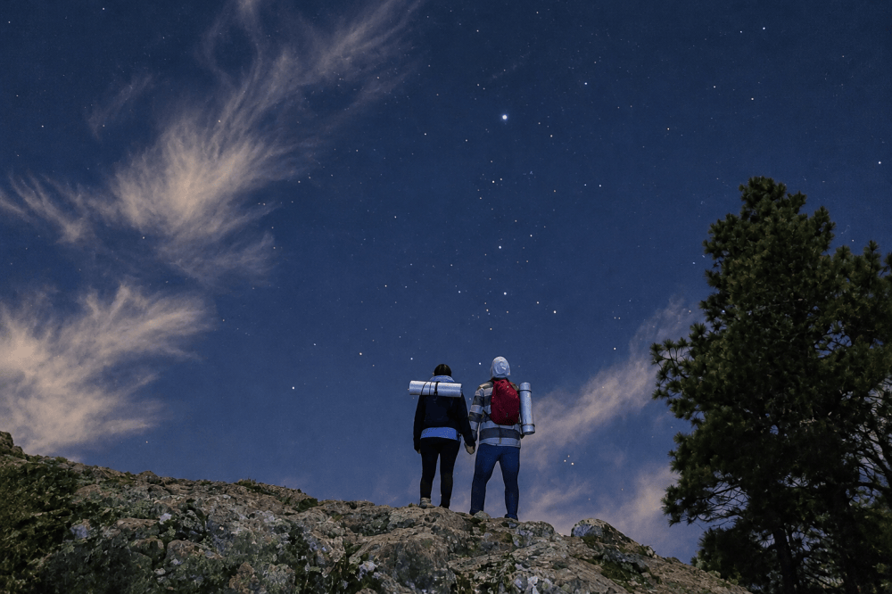 Two people with backpacks stargazing on a hill under a starry sky.