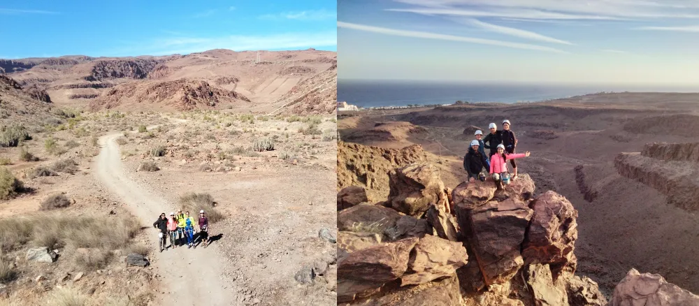 Two images of a group hiking in rocky desert landscapes with distant mountains.