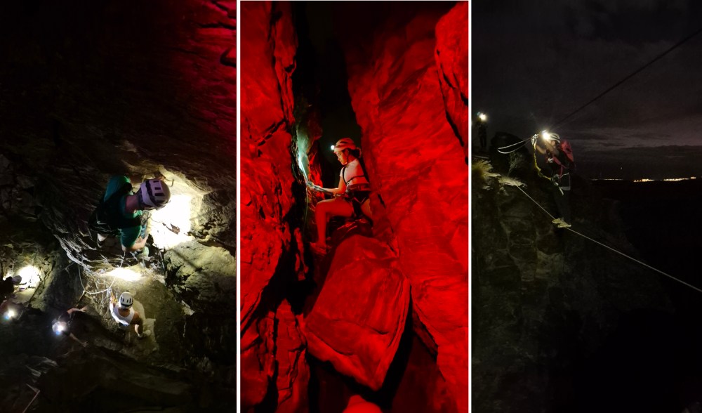 Three images of climbers at night with headlamps, two in red-lit areas and one on a dark cliff.