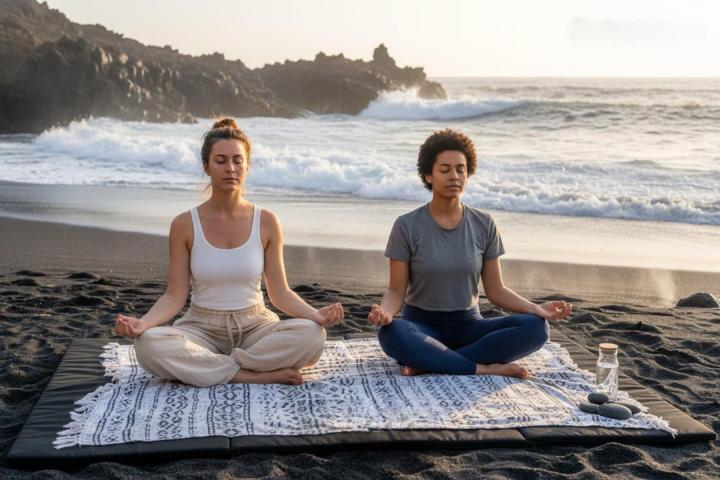 Two people meditating on a beach with waves in the background at sunset.