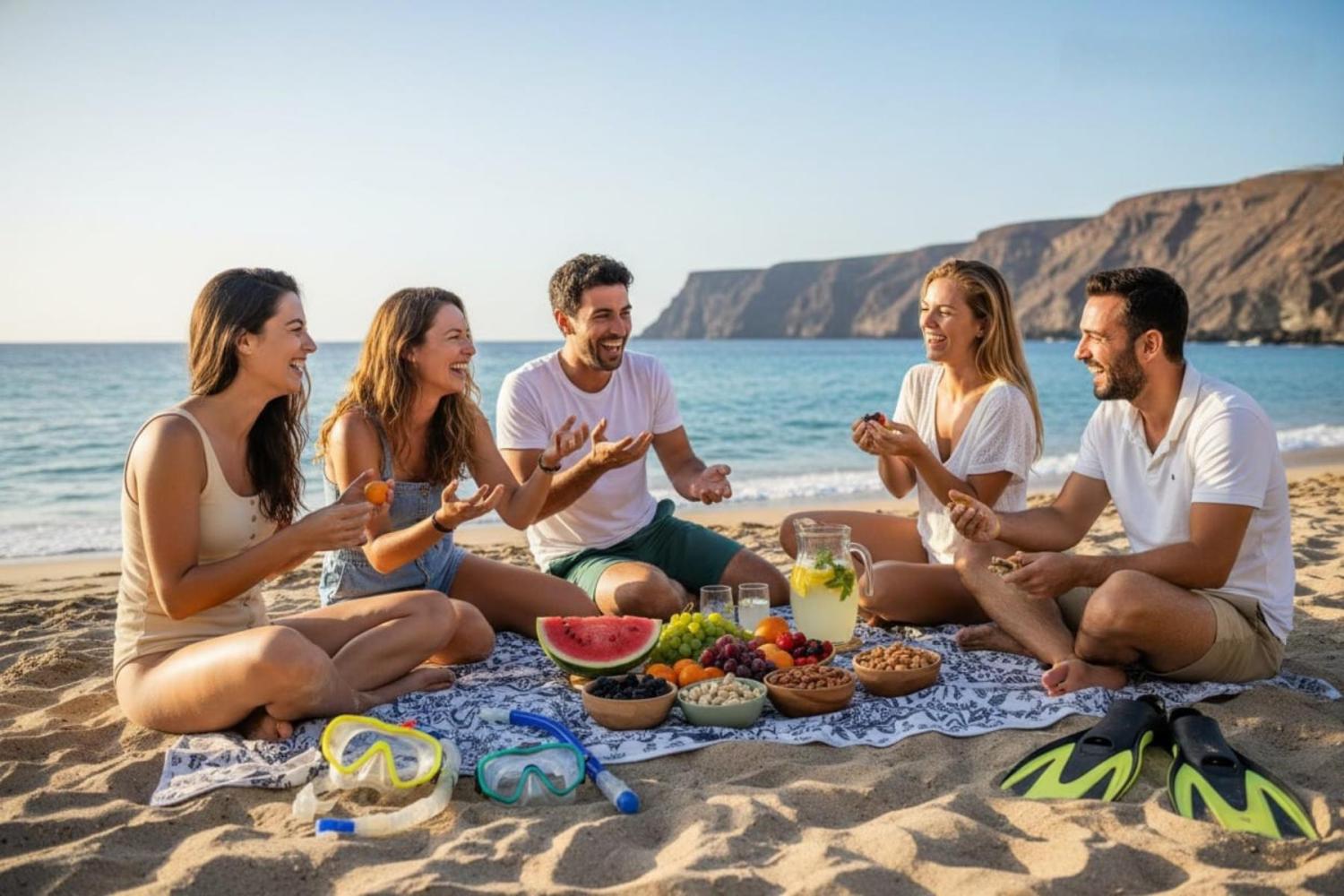 Five friends having a picnic on a beach next to the ocean with snorkeling gear.