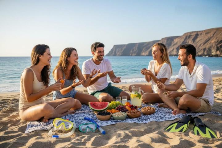 Five friends having a picnic on a beach next to the ocean with snorkeling gear.