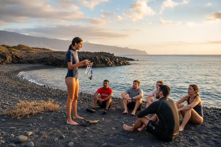 Group of people sitting on rocky beach, person standing holds snorkeling gear at sunset.