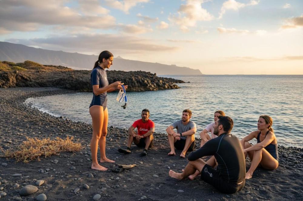 Group of people sitting on rocky beach, person standing holds snorkeling gear at sunset.