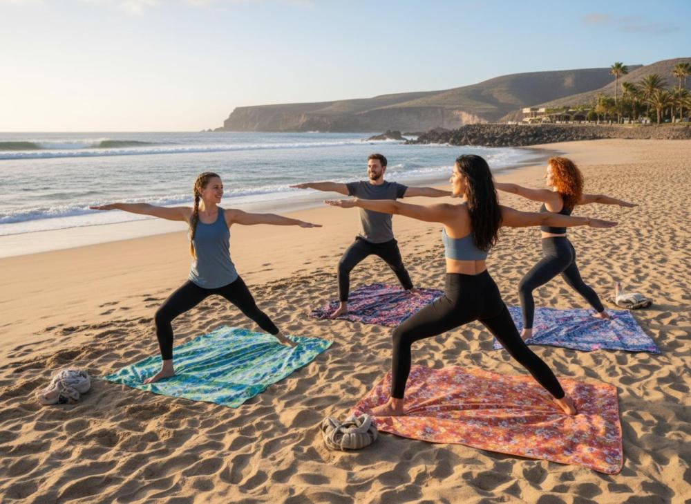 Four people practicing yoga on a beach with scenic ocean and mountain backdrop.