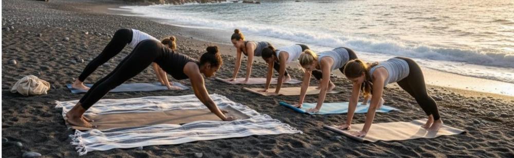 People doing yoga on a sandy beach near the ocean at sunrise or sunset.
