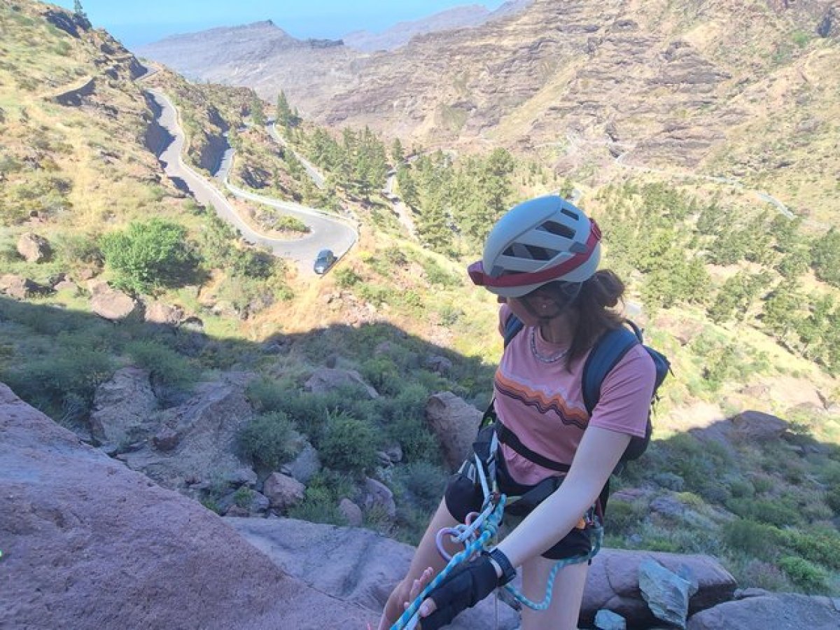 Person rock climbing with helmet and ropes, mountain landscape in background.