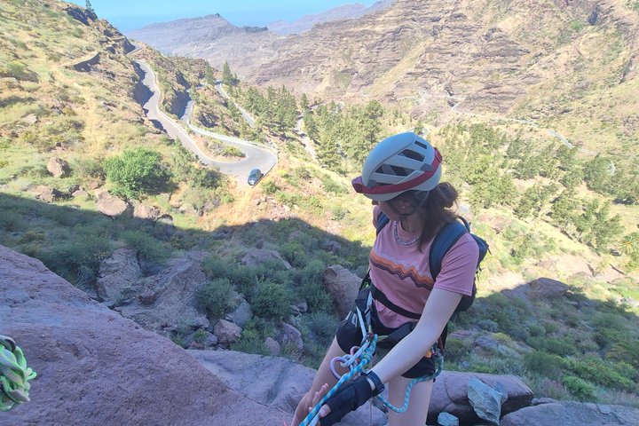 Person rock climbing with helmet and ropes, mountain landscape in background.