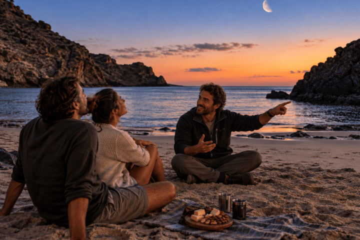 Three people on beach at sunset with a picnic, one pointing at the crescent moon.